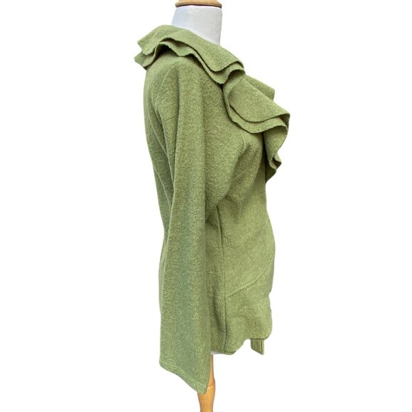 Elena Solano Boiled Wool Ruffle Wrap Jacket Green Cottagecore Artsy Lagenlook-L - Picture 7 of 14
